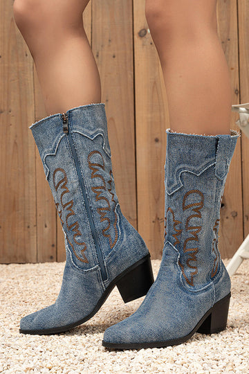 Bottes de cow-girl brodées à talon épais à bout pointu bleu foncé